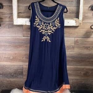 Embroidered Sleeveless Flowy Dress Made in India, Size XL, Blue and Peach